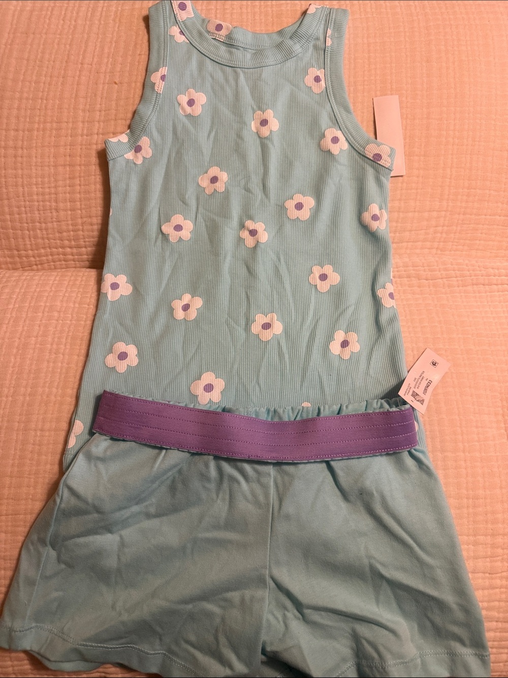 wonder nation Blue Floral Tank & Purple Waistband Shorts Set
